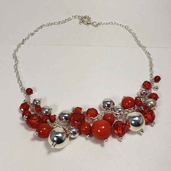 Polished Silver Necklace – Red Bead Cluster & Elegant Drop Design for Women,18" - Picture 3 of 7